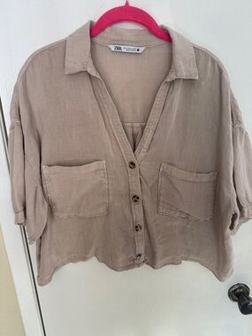 Zara Taupe Cropped Button-Front Pocket Shirt
